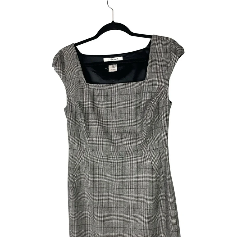 L.K. Bennett London Gray Plaid Wool Dress Size 6 US UK 10 EU 38 Fine Merino Wool